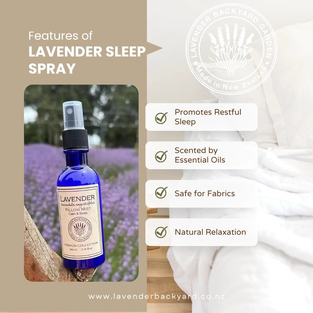 Lavender Sleep Spray bottle from Lavender Backyard Garden on a tree branch with a blurred lavender field in the background. The image includes a section highlighting the features of the sleep spray: 'Promotes Restful Sleep,' 'Scented by Essential Oils,' 'Safe for Fabrics,' and 'Natural Relaxation.' The product is part of the Premium Collection and is made in New Zealand.