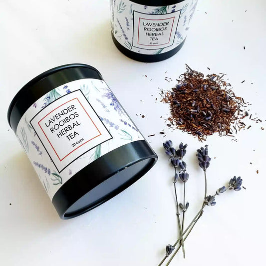 Close-Up of Lavender Rooibos Tea with Loose Leaves and a Floral Background.