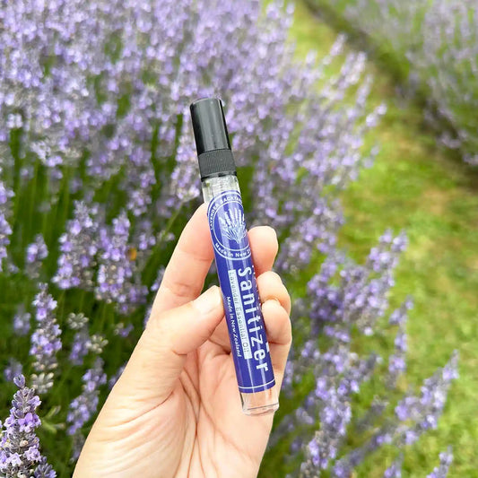 Lavender hand sanitiser scented with essential oils, held by hand amidst a blooming lavender field at Lavender Backyard Garden, NZ.