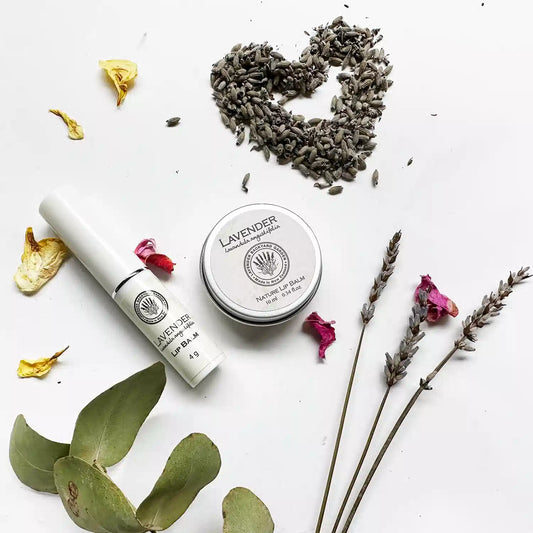 Moisturizer lip balm in both tin and tube formats displayed together, set against a backdrop of lavender dried rubbings, dried lavender flowers, and eucalyptus leaves, highlighting natural ingredients for soothing dry lips.