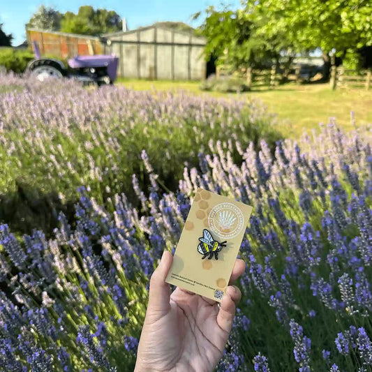 Very cute bee badge designed in NZ, against lavender bloomings with farm tractor and shed at Lavender Backyard Garden.
