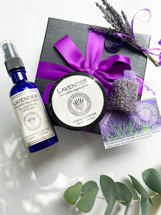 Relax & Sleepwell Lavender Gift Box scented by essential oil featuring sleep spray, hand cream, closet sachet and dried flower from NZ lavender farm