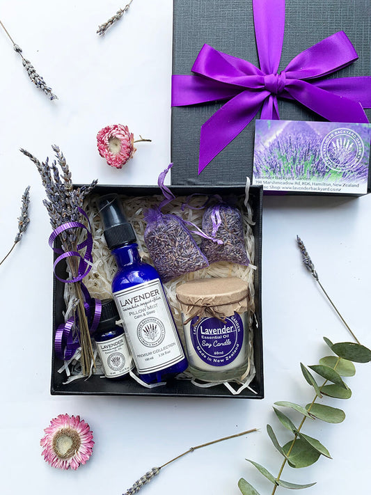 Christmas Lavender Aroma Gift Set featuring soy candle, sleep spray, essential oils, wardrobe dried lavender bag and mini dried flower from NZ lavender farm