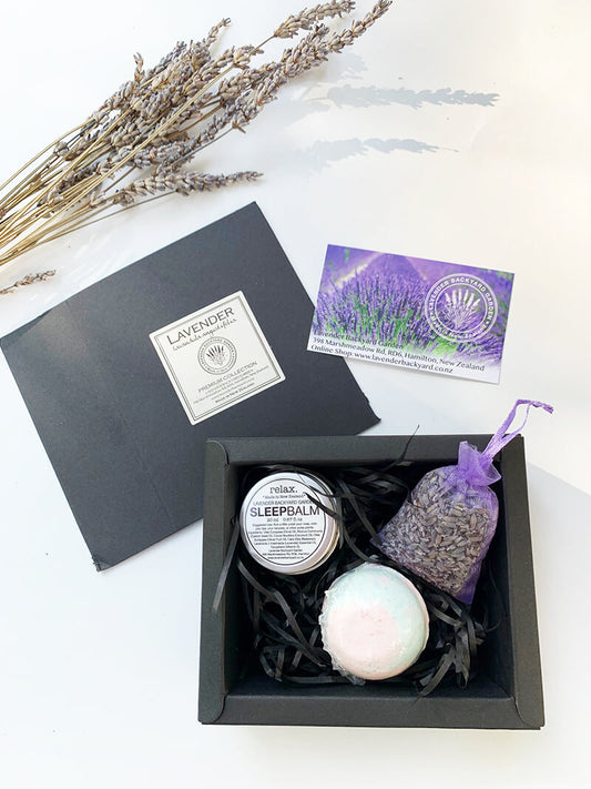 Destress Selfcare Lavender Small Gift Set featuring sleep balm, bath bomb and lavender sachet from NZ lavender farm
