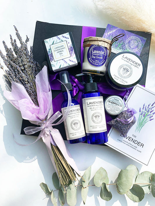 Delight Lavender Bouquet Gift Sets for Women featuring dried flower bouquet, sleep aids, candle, tea, hand cream lavender products from NZ lavender farm