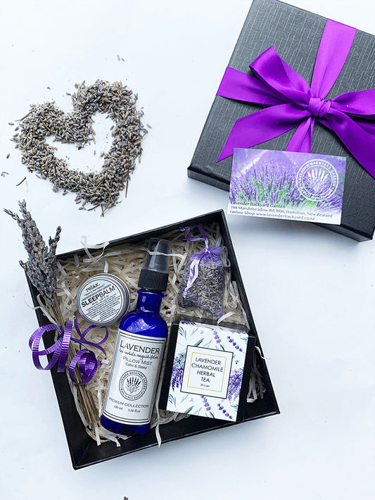 Divine Lavender Therapy Gift Set featuring lavender chamomile herbal tea, sleep aids lavender products from NZ lavender farm
