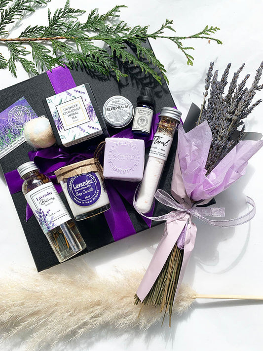 Happy Mother's Day Flowers & Gift Set, large gift box, featuring lavender products such as dried flower bouquet, bath salts, soy candles, body oil, handmade soap, sleep aid, lavender essential oil, bath products, chamomile herbal tea from NZ lavender farm