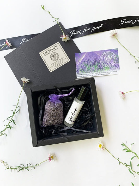 Just Lavender Natural Perfume Gift Set, small gift box, featuring lavender perfume scented by essential oils and lavender sachet from NZ lavender farm. 