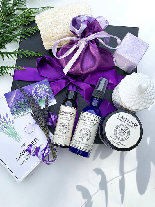 Large Lavender Gift Box for her featuring essential oil products such as sleep spray, candle, hand cream, massage oil, handmade soap from New Zealand Lavender Farm Gift Ideas