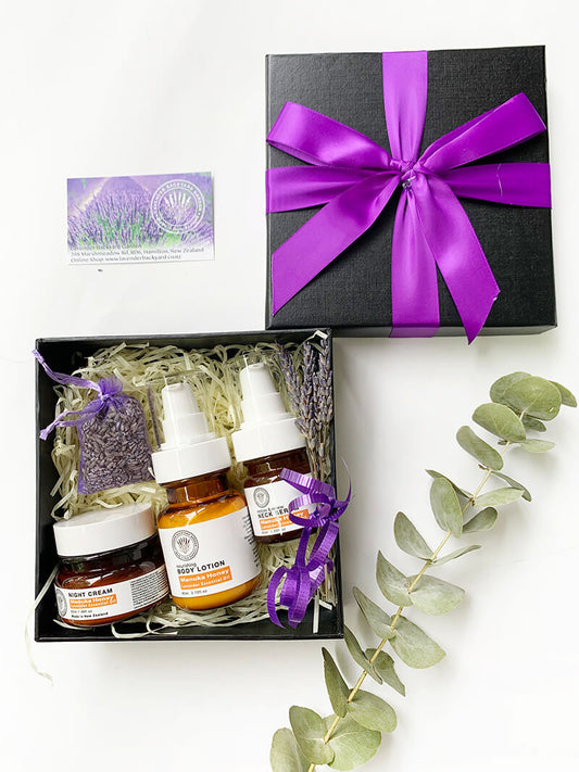 Manuka Honey Lavender Skin Care Giftset including body lotion, neck serum, facial cream and lavender bag from NZ lavender farm