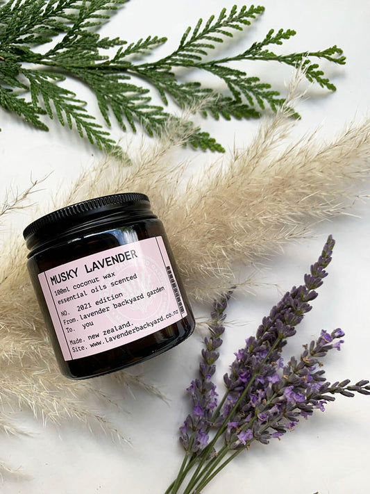 Lavender+Patchouli Coconut Candle scented by essential oils from NZ lavender farm aromatherapy product