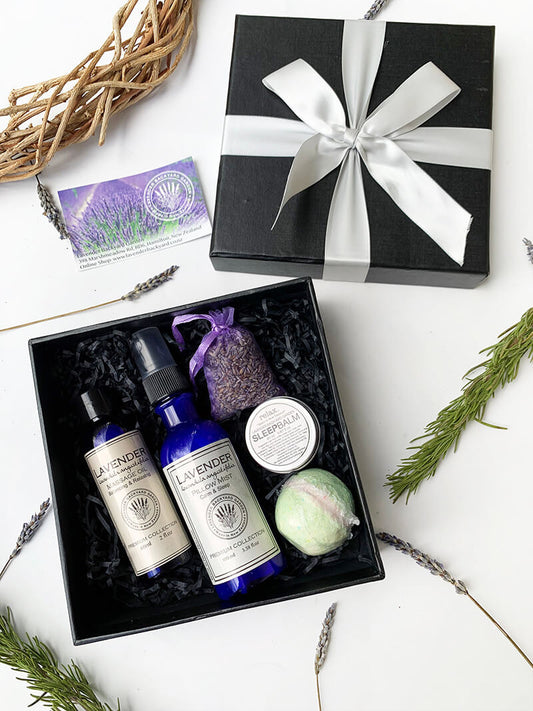 Pamper Aroma Gift Set containing massage oil, pillow spray, sleep balm, bath bombs, lavender bag as sleep aids from NZ lavender farm