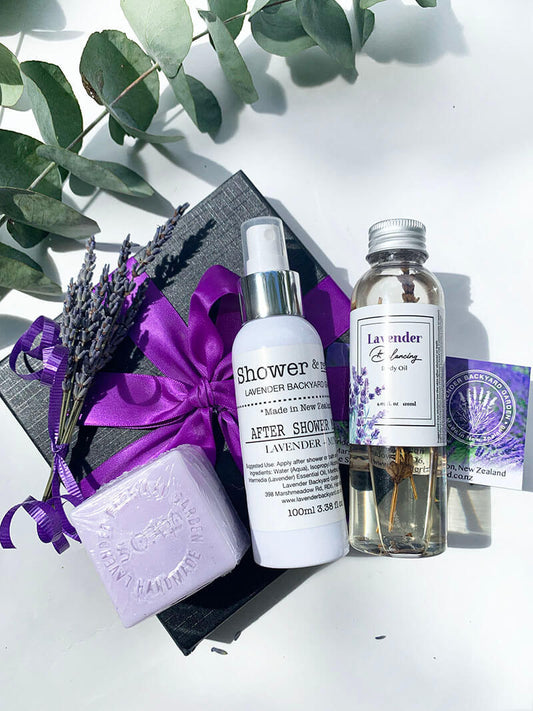 Refresh Morning Shower Gift Box, purple gift set, featuring body oil, after shower mist and handmade soap, mini dried lavender from NZ lavender farm