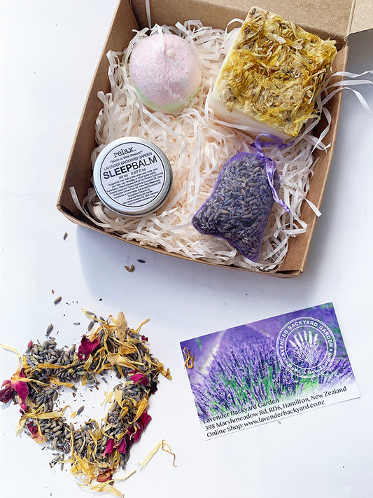 Small Thoughtful Lavender Gift Set including sleep balm, handmade soap, dried lavender sachet, bath bomb from NZ lavender farm