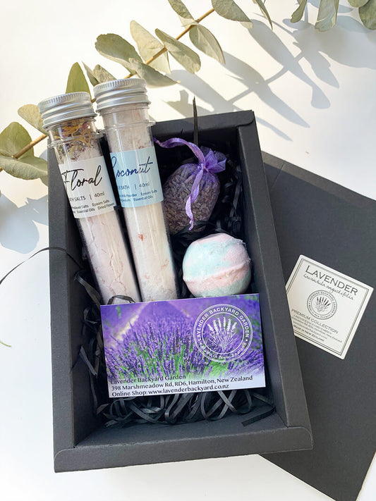Small but Wonderful Gift Set, small gift box, featuring bath salts and bath bomb scented by essential oils from NZ lavender farm