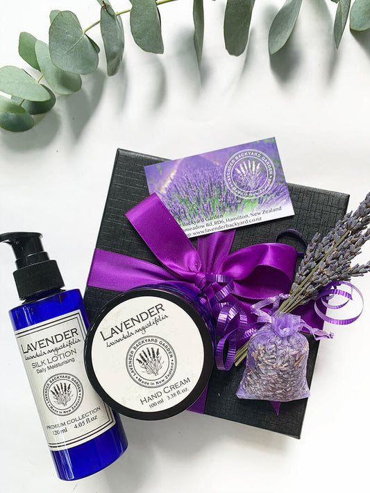 Soft Skin Beauty Lavender Gift Box containing body lotion, hand cream, wardrobe sachets and dried flowers from NZ lavender farm