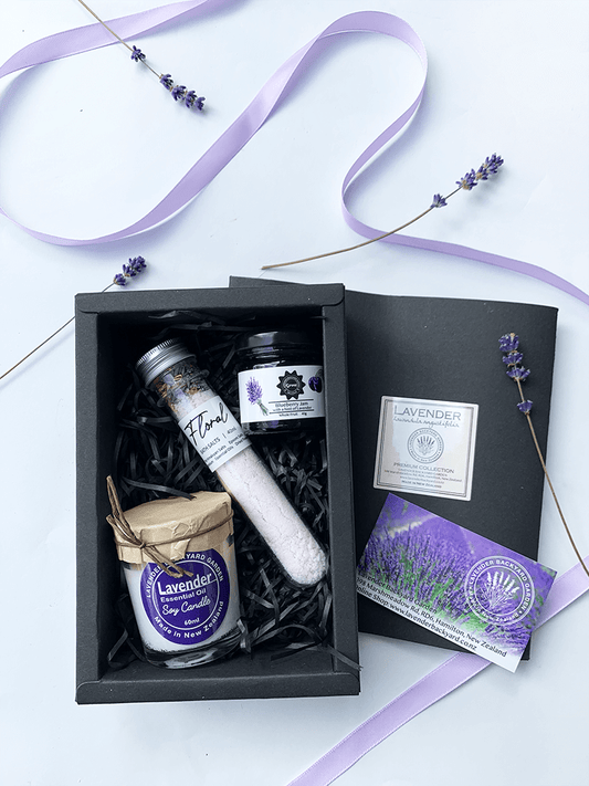 Sweet N' Divine Lavender Gift Box, small gift set featuring soy candle scented by essential oil, bath salt and blueberry jam from NZ lavender farm