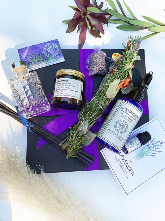 Thoughtful House Warming Gift & Newhome Present, large gift set, featuring herb smudge stick, lavender and mint room spray, reed diffuser, coconut candle, lavender essential oils from Nz lavender farm