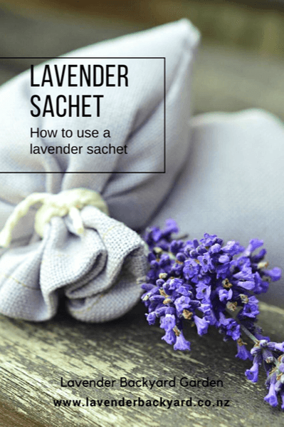 Fabric lavender sachet with fresh lavender sprigs, labelled 'How to use a lavender sachet' from Lavender Backyard Garden, New Zealand