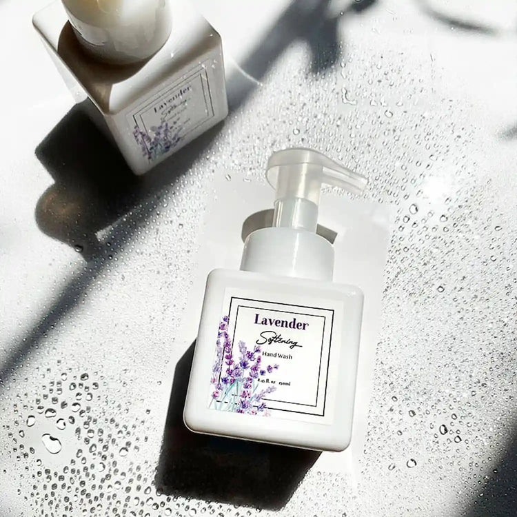 Lavender Foaming Handwash castile soap with a water splash, fresh flowers and lavender