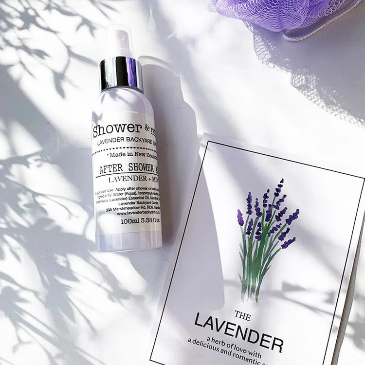 Lavender & Mint After-Shower Body Mist with a lavender greeting card and soft bath cloth