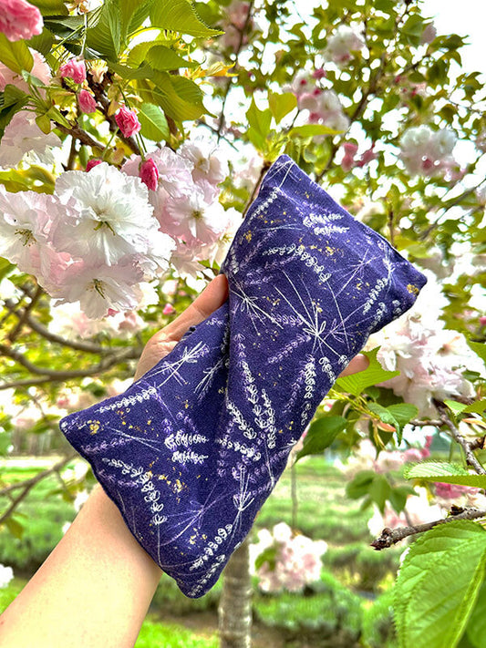 Linen fabric lavender pattern eye pillow/heat pack filled with flaxseed and dried flower buds from NZ lavender farm