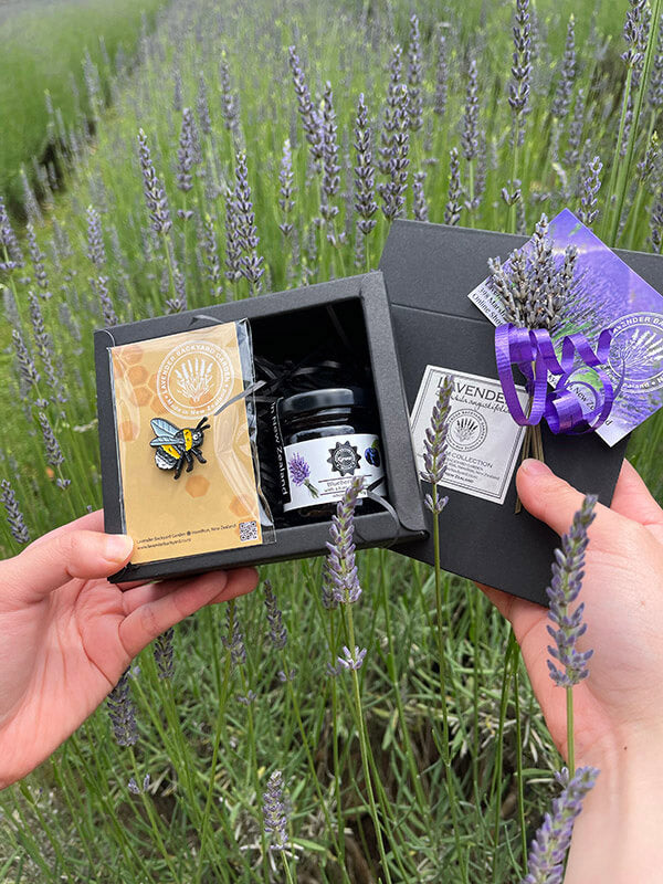 New Zealand Lavender Farm Souvenir Gift Set including bee badge and blueberry jam