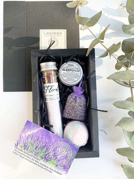 Sleep Easy Gift Set, small gift box, featuring bath salts, bath bomb, sleep balm as a sleep aid scented by essential oil and lavender bag from NZ lavender farm