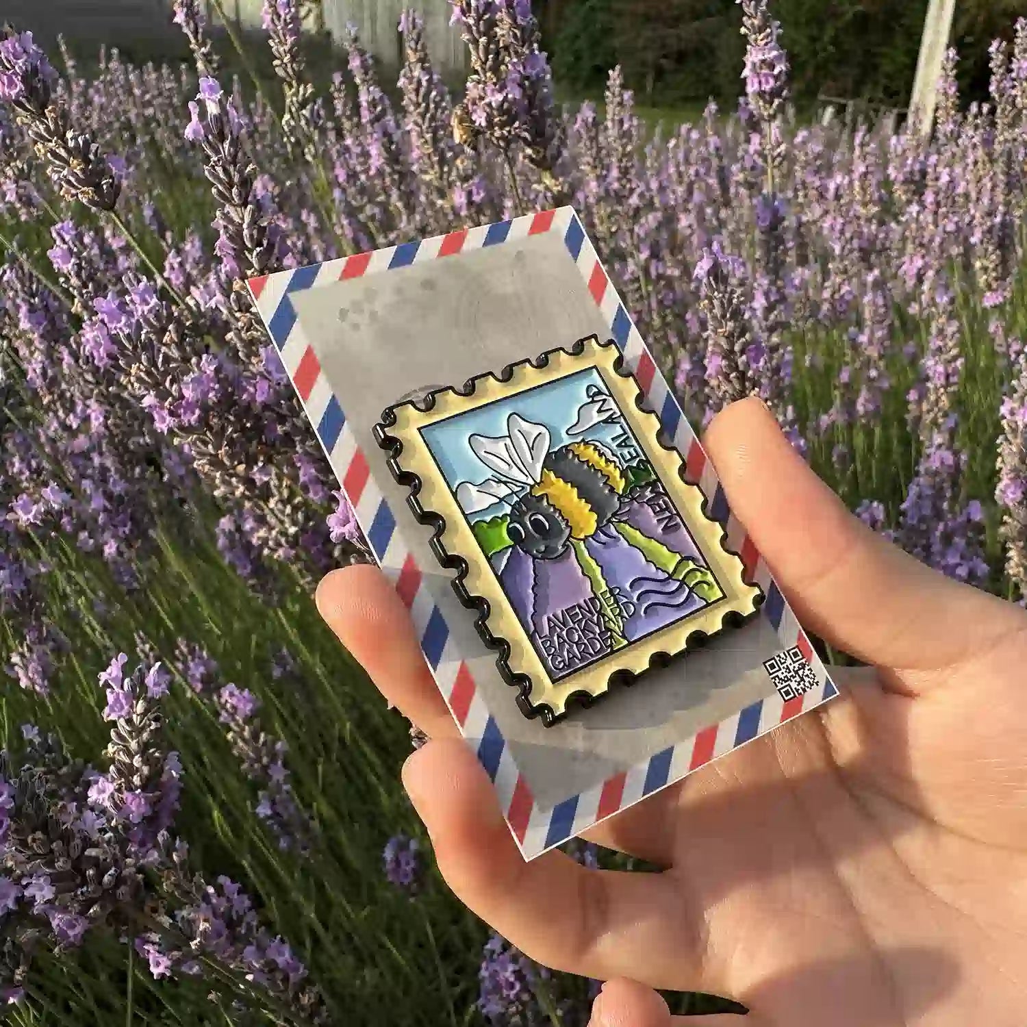 Bee on lavender field fridge magnet featuring a honeybee flying over purple lavender flowers