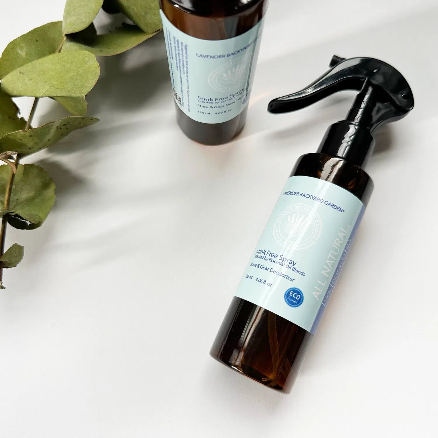 Stink-Free Spray made with real lavender, natural odor-removing formula in a amber bottle