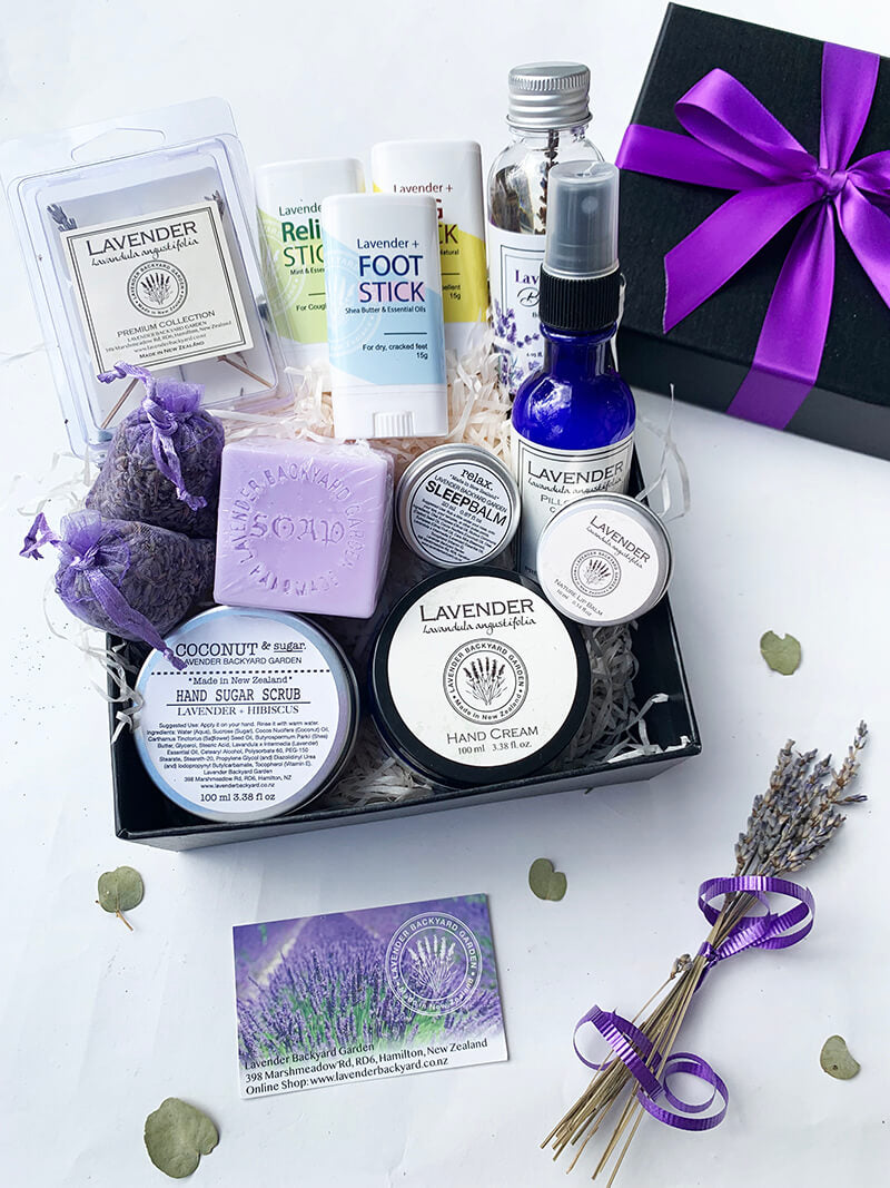 Best Wellness Self Care Gift Basket featuring hand care, foot care, lip care, body care and sleep aid products from NZ Lavender Farm Gift Ideas