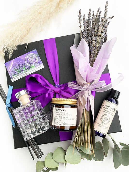 Yoga Meditation Large Gift Set for Her featuring lavender dried flowers bouquet, essential oil coconut candle, reed diffuser and massage oil from NZ lavender farm