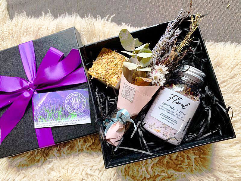 Dried Flower Bouquet Birthday Gift Set featuring mini dried flower bouquet, bath salts and handmade soap from NZ lavender farm