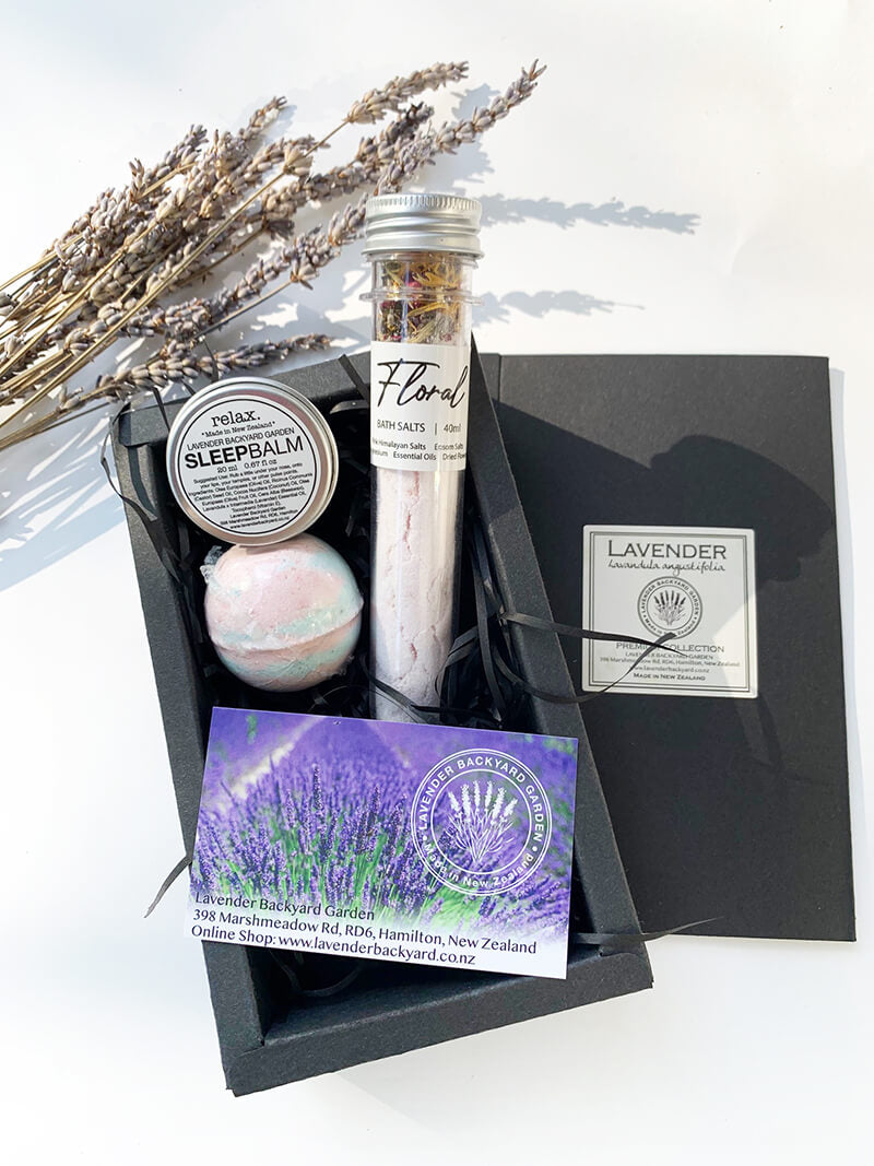 Beautiful Floral Spa Gift Set scented by essential oils featuring sleep aids balm, bath bomb and bath salts from NZ lavender farm
