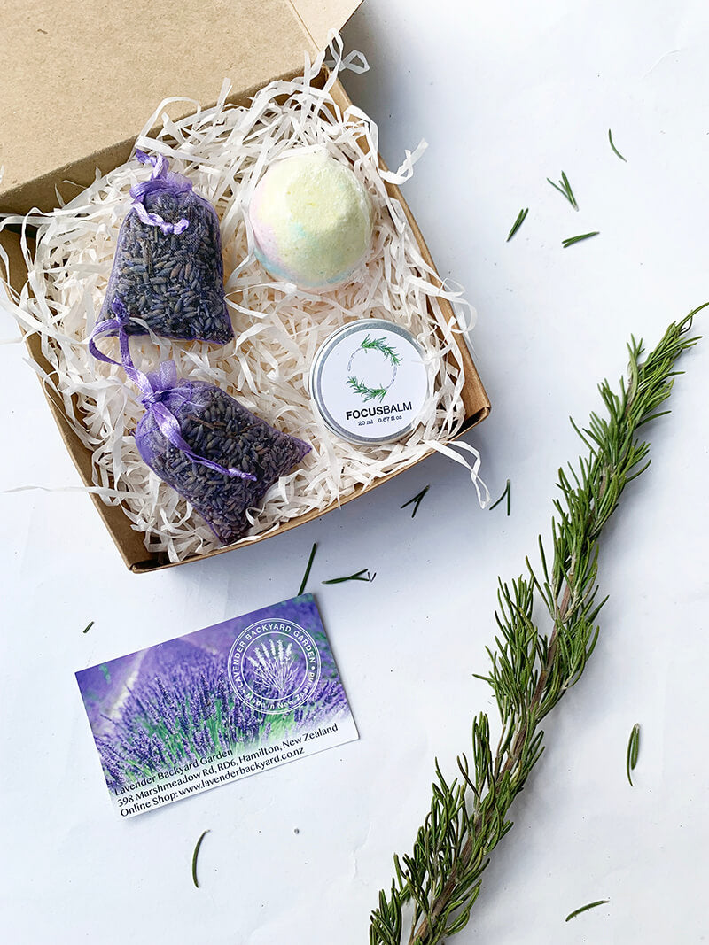 Focus & Study Gift Box featuring lavender sachets, bath bomb and concentrating balm from NZ Lavender farm Small Gift Ideas