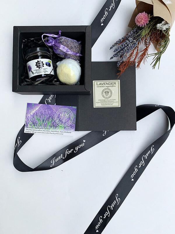 Lovely Gift Box for Secret Santa including blueberry jam, bath bombs and closet sachet from NZ lavender farm