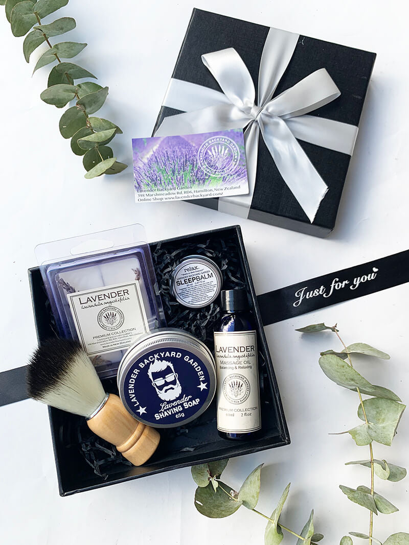 Man Therapy Lavender Gift Box featuring shaving soap, sleep aid, massage oil and bath lavender products from NZ lavender farm