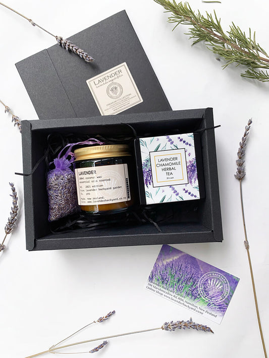 Mindfulness Meditation Lavender Gift Set featuring chamomile lavender herbal tea, coconut candle scented by lavender essential oil from NZ lavender farm