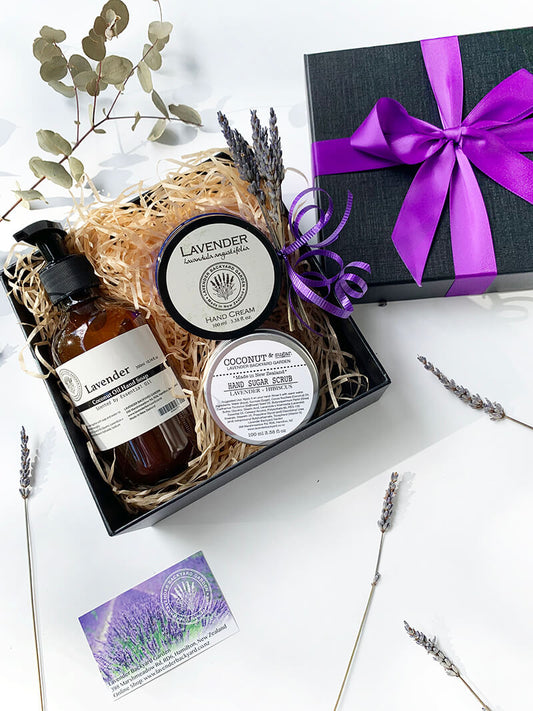 Nourishing Hand Therapy Gift Hamper featuring hand wash, hand scrub and hand cream scented by essential oils from NZ lavender farm