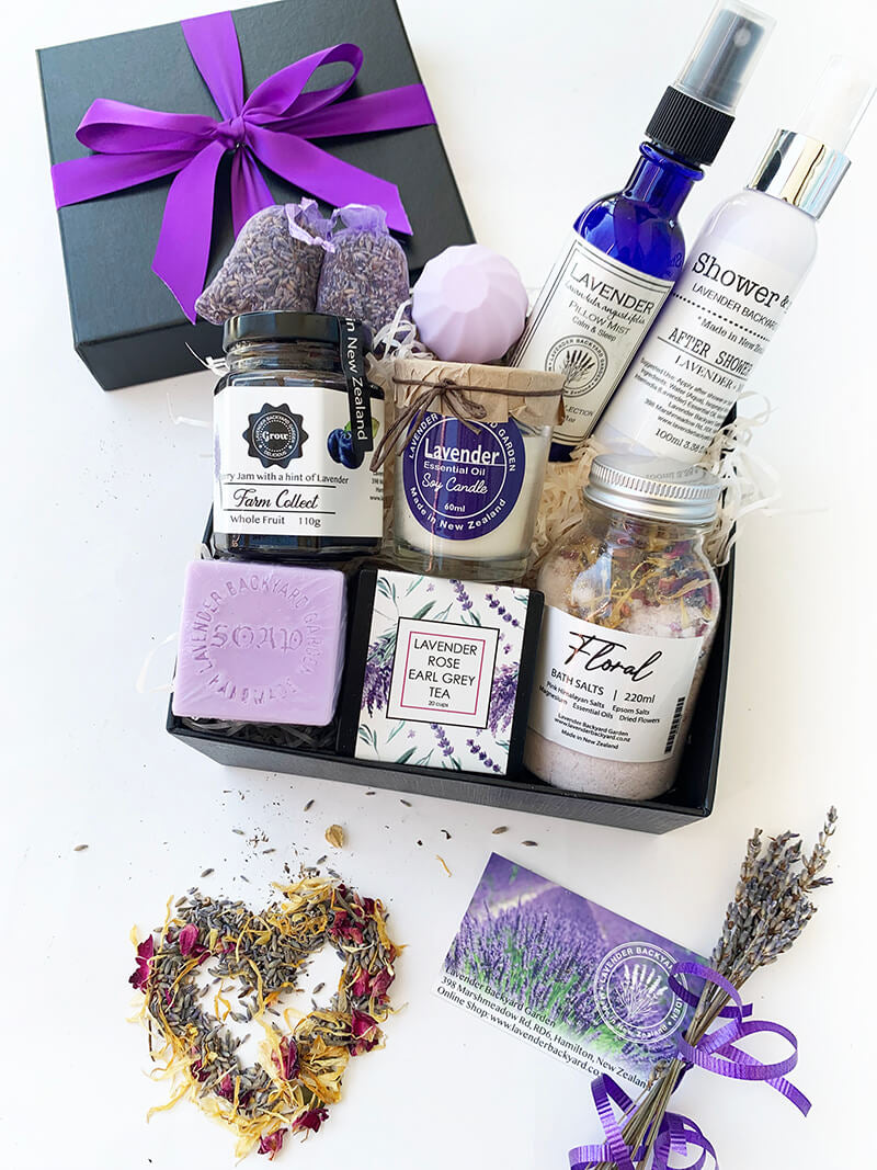 Romantic Delights Gift Set, large gift box featuring lavender products such as soy candle, handmade soap, sleep aids, chamomile herbal tea, bath salts, lip balm and sachets from NZ lavender farm