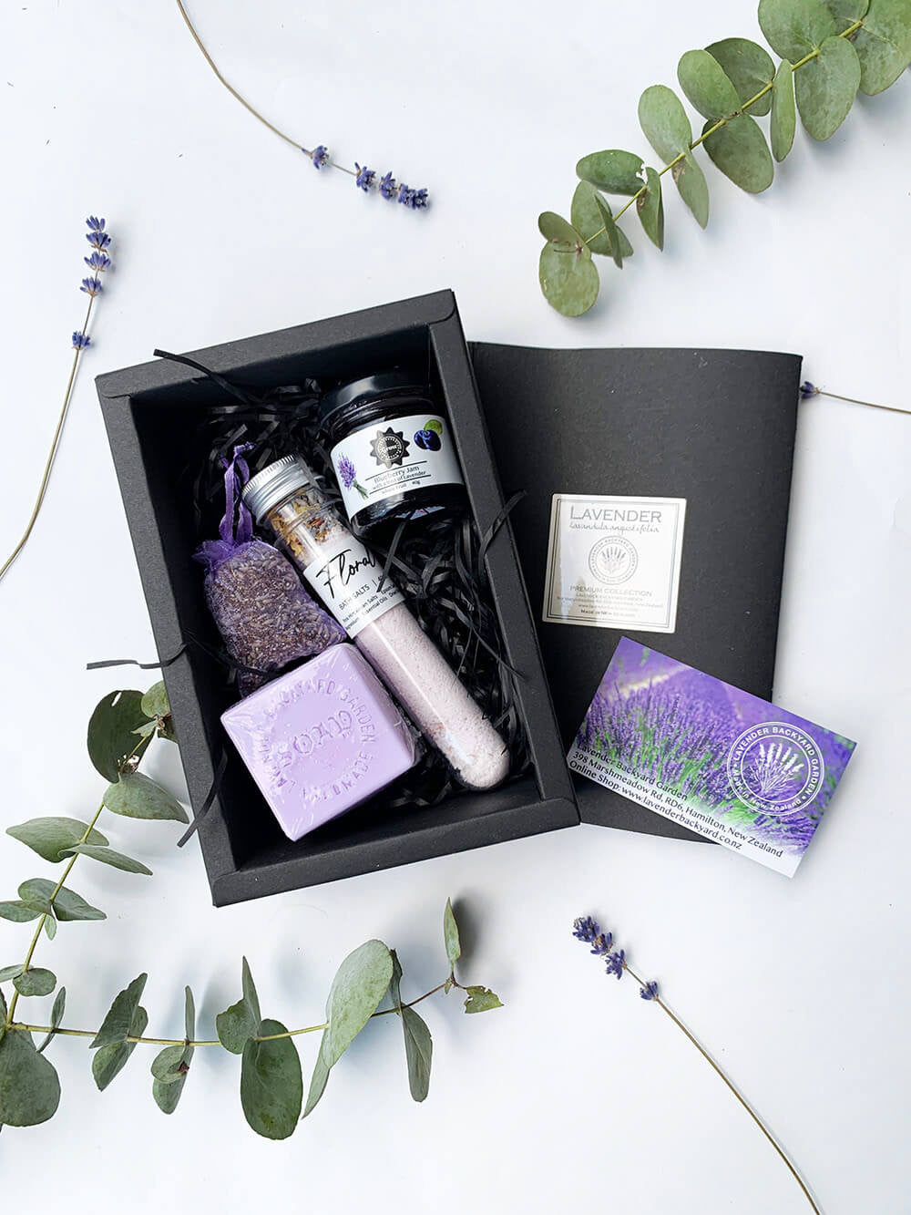 Sweet Thank You Gift Set, small gifts, containing blueberry jam, bath salt scented by lavender essential oil, handmade soap, lavender bag from NZ lavender farm