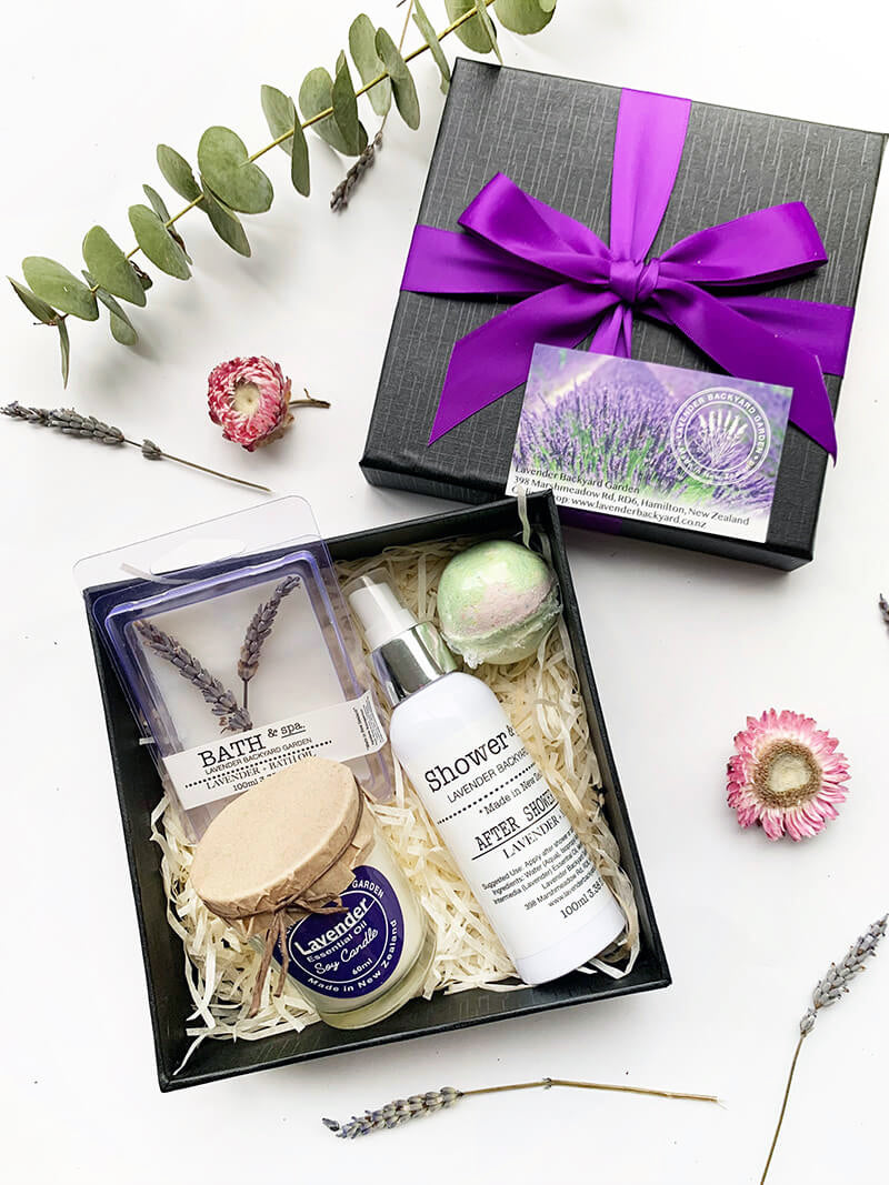 Ultimate Bath Therapy Gift Box featuring lavender essential oil soy candle, after shower mist, bath oil and bath bomb from NZ lavender farm